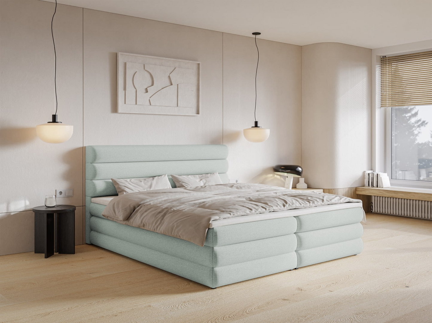 Lit Japandi continental 180x200 en tissu chenille beige clair – Alegre