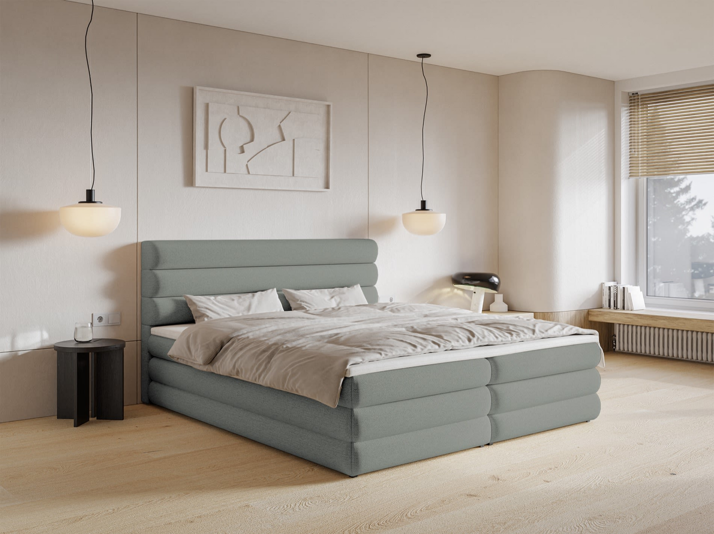 Lit Japandi continental 180x200 en tissu chenille beige clair – Alegre