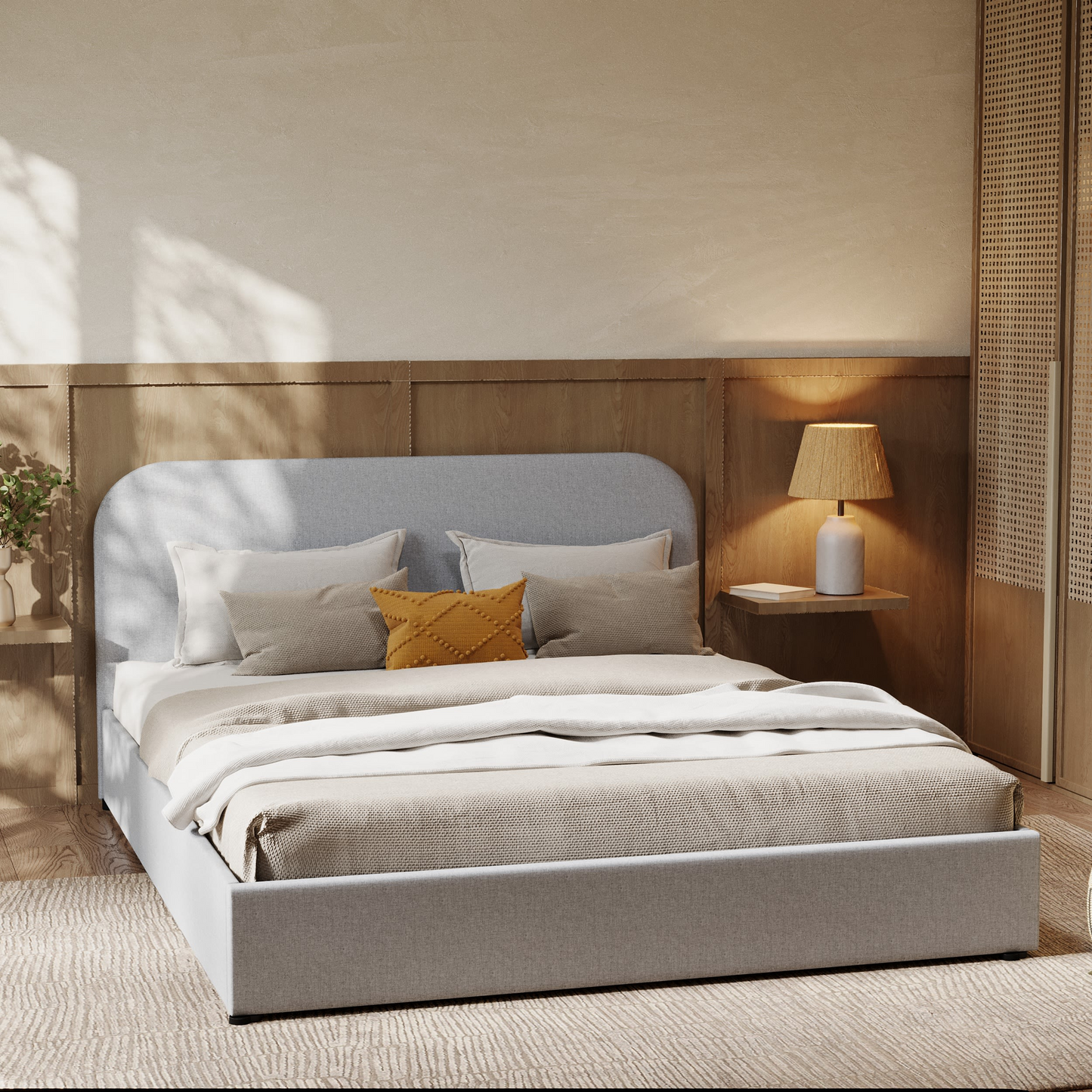 Lit Coffre Japandi 160x200 cm en Tissu Gris/Beige – Tilly