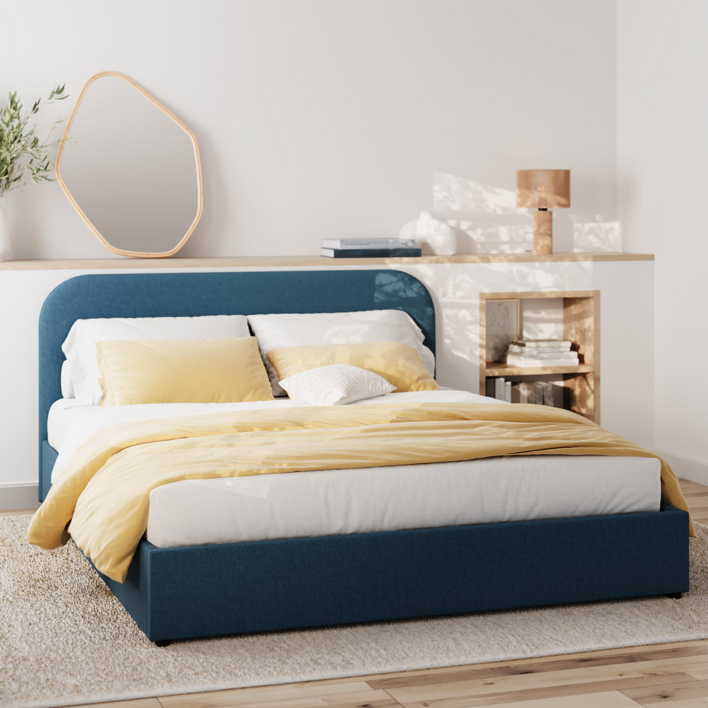 Lit Coffre Japandi 160x200 cm en Tissu Gris/Beige – Tilly