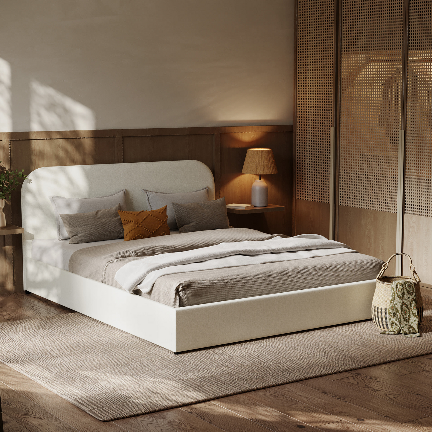 Lit Coffre Japandi 160x200 cm en Tissu Gris/Beige – Tilly