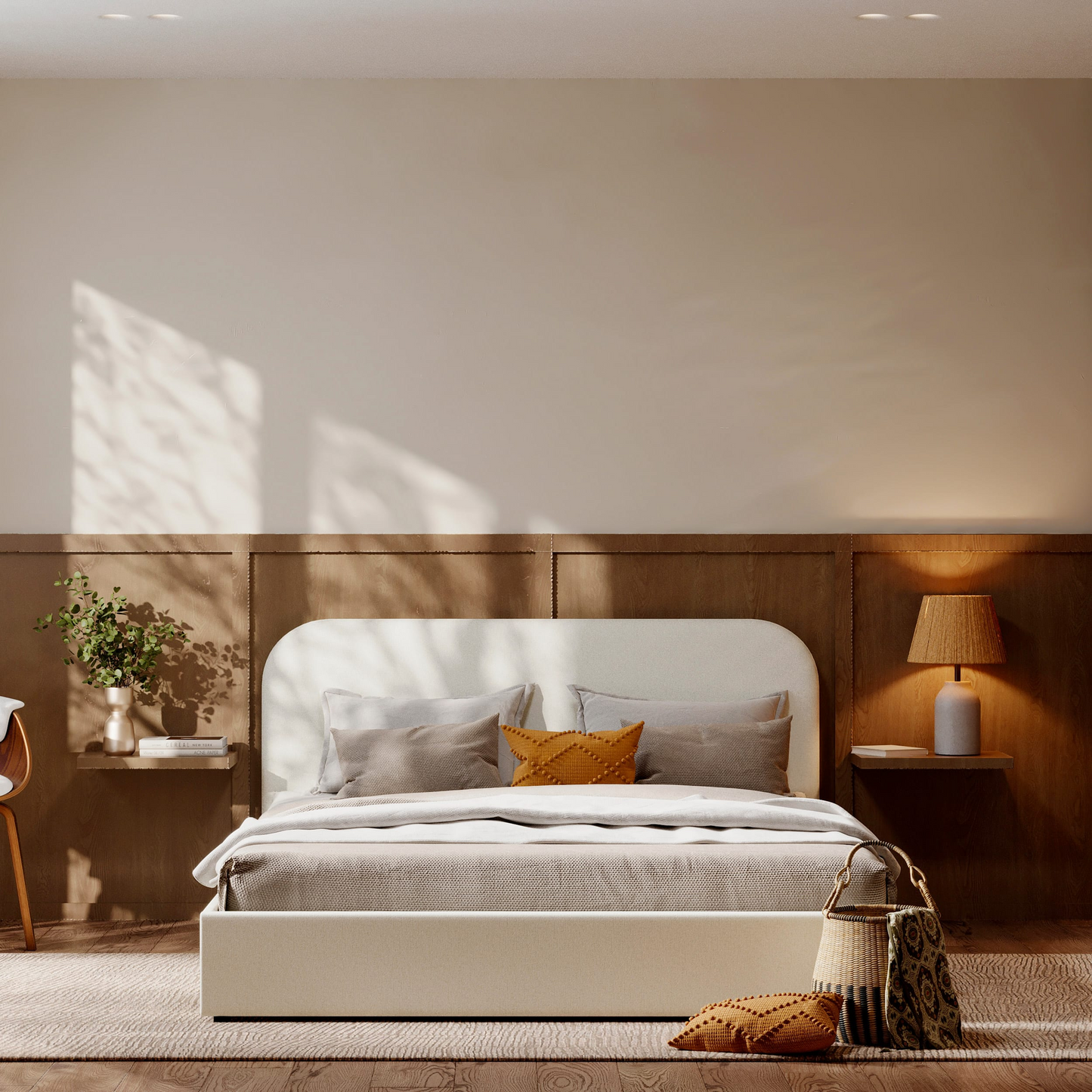 Lit Coffre Japandi 160x200 cm en Tissu Gris/Beige – Tilly