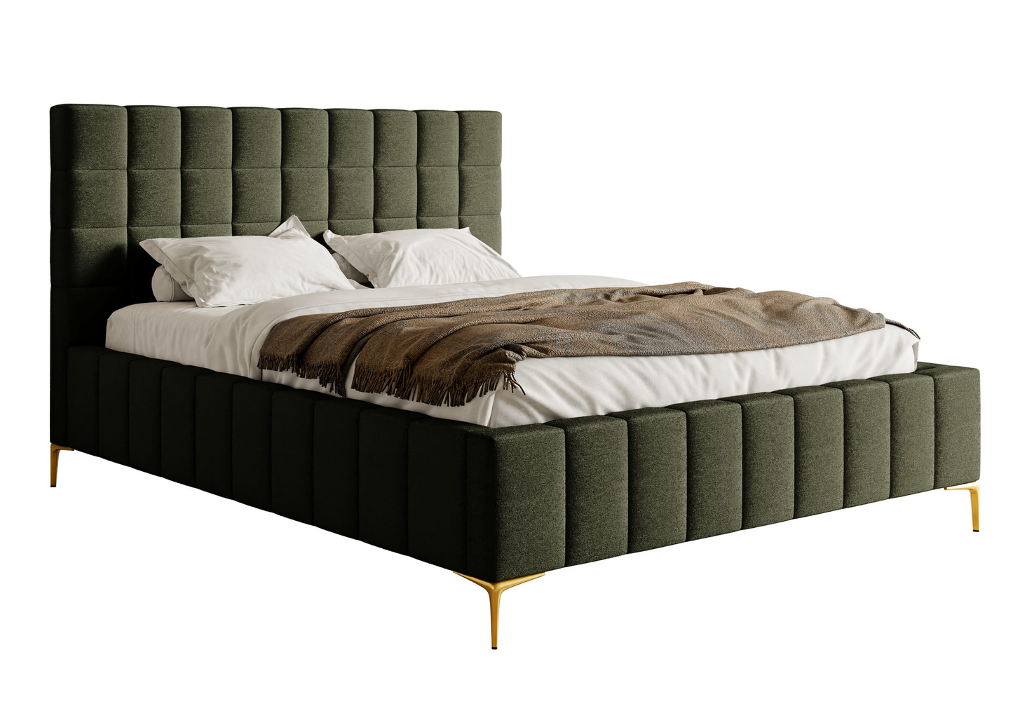 Lit double Japandi avec tête de lit 180x200 en tissu chenille beige clair – Szejlo