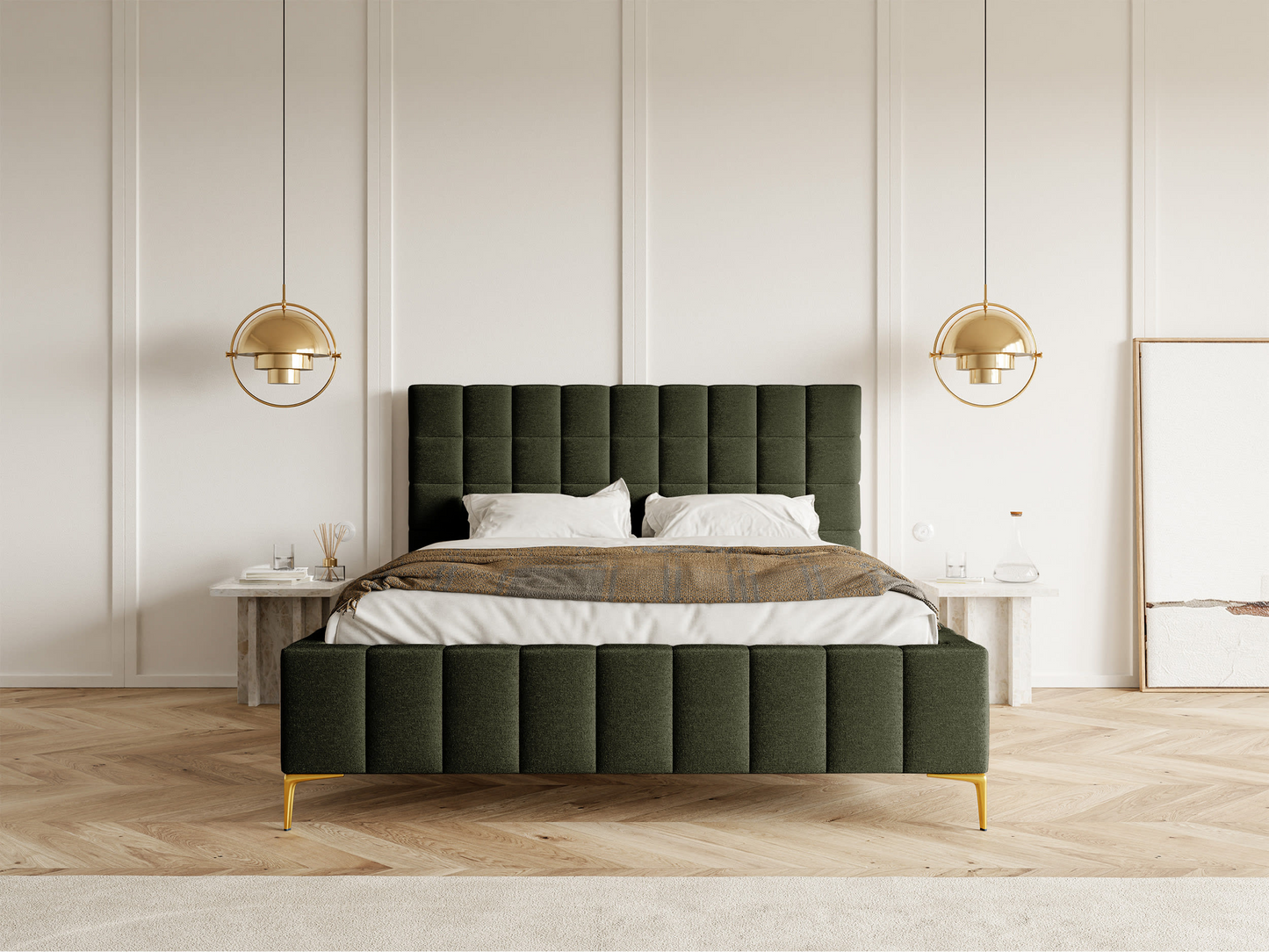 Lit double Japandi avec tête de lit 180x200 en tissu chenille beige clair – Szejlo