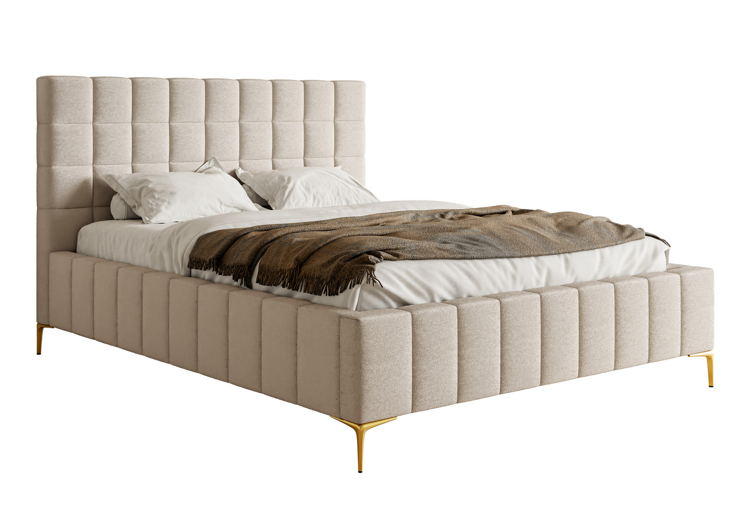 Lit double Japandi avec tête de lit 180x200 en tissu chenille beige clair – Szejlo