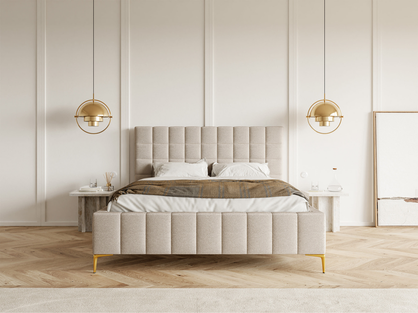 Lit double Japandi avec tête de lit 180x200 en tissu chenille beige clair – Szejlo