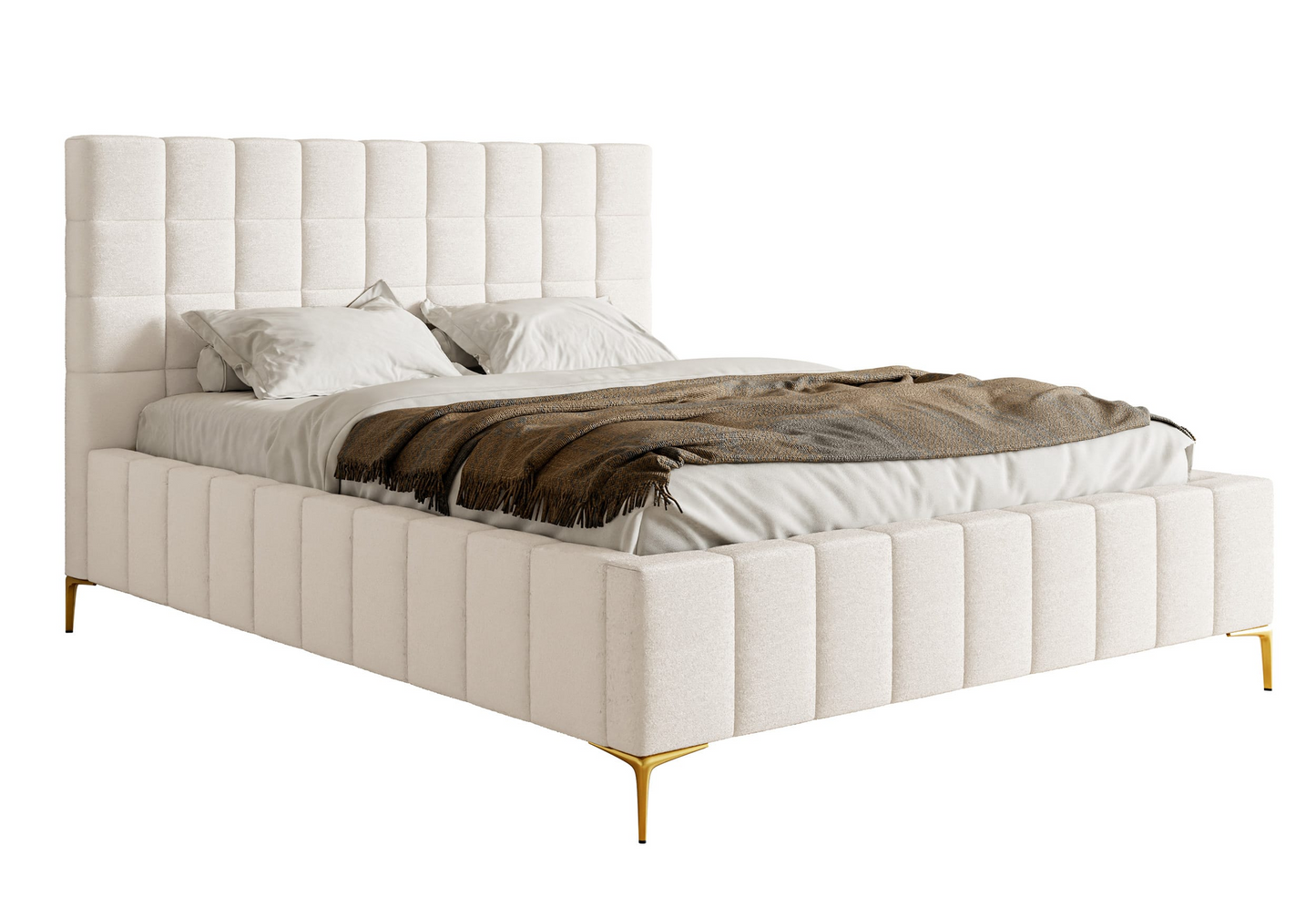 Lit double Japandi avec tête de lit 180x200 en tissu chenille beige clair – Szejlo