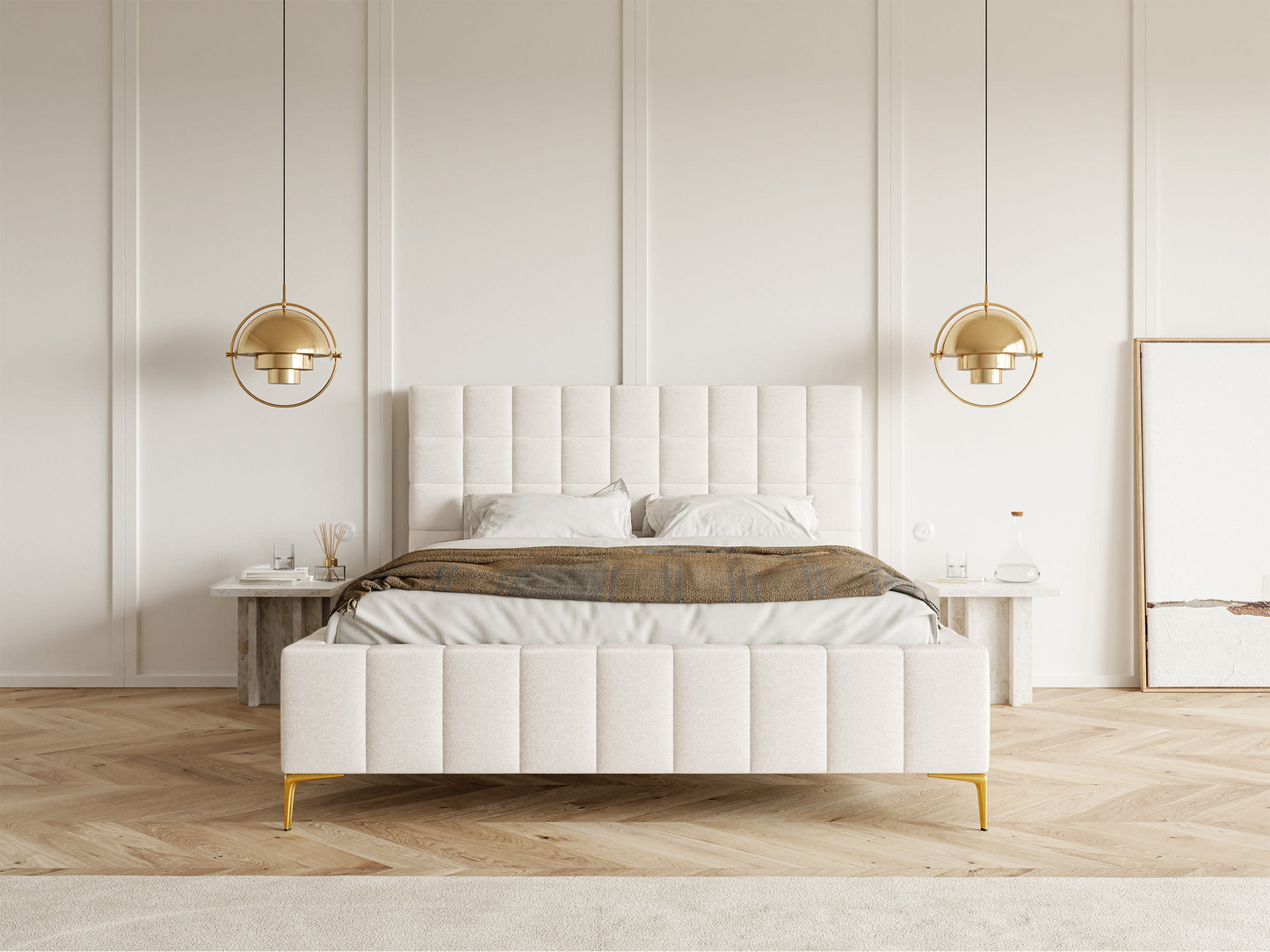 Lit double Japandi avec tête de lit 180x200 en tissu chenille beige clair – Szejlo