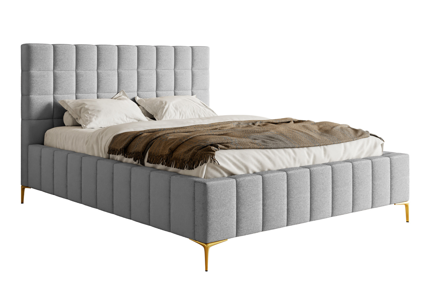 Lit double Japandi avec tête de lit 180x200 en tissu chenille beige clair – Szejlo
