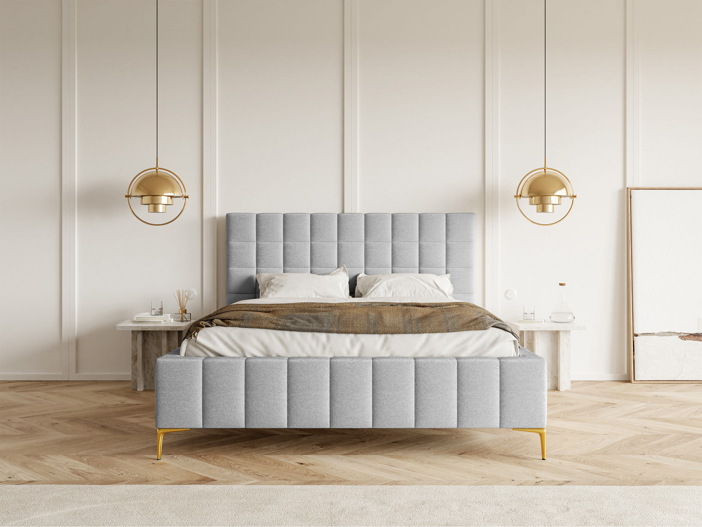 Lit double Japandi avec tête de lit 180x200 en tissu chenille beige clair – Szejlo