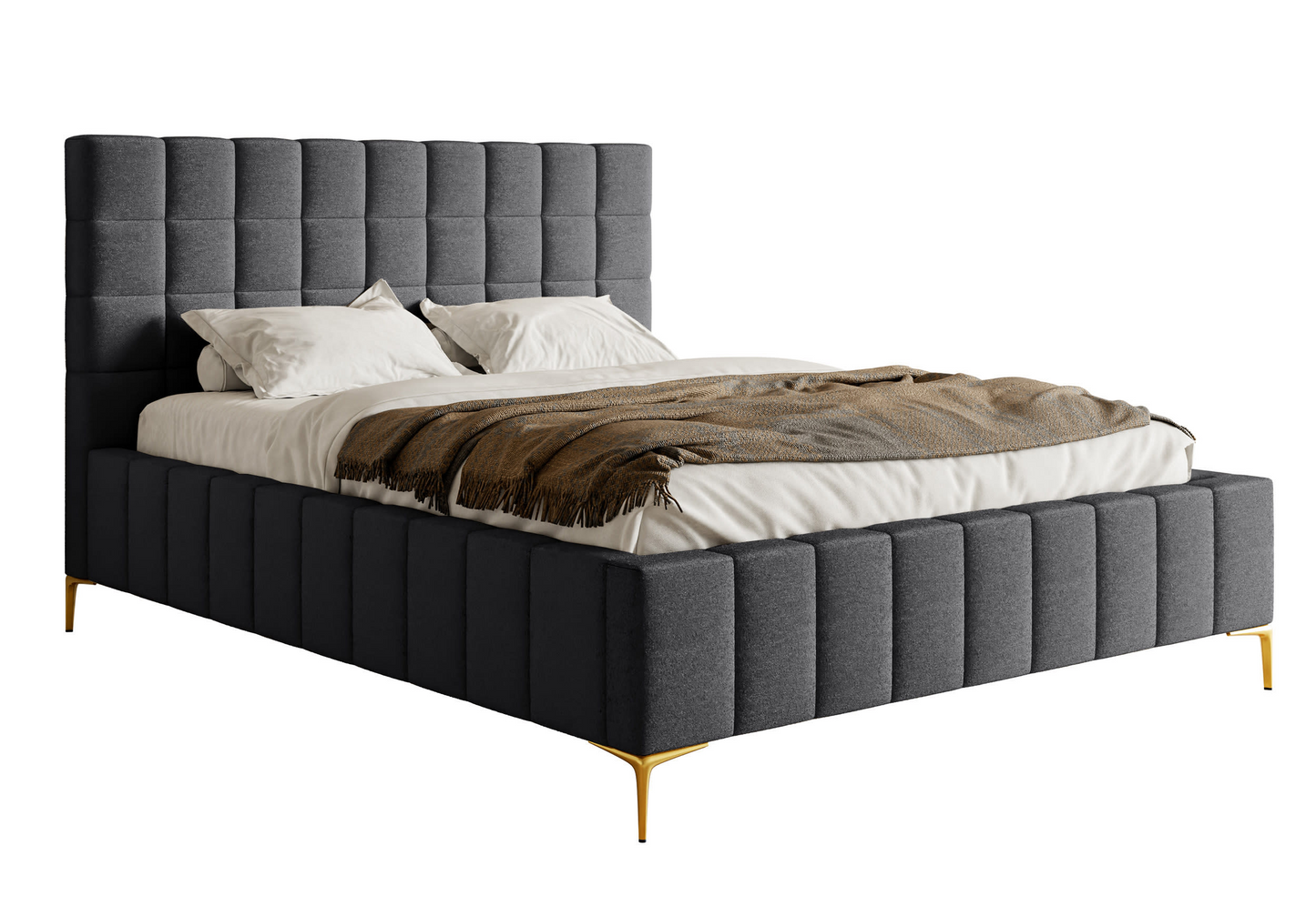 Lit double Japandi avec tête de lit 180x200 en tissu chenille beige clair – Szejlo