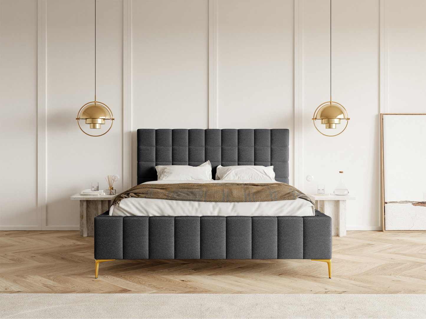 Lit double Japandi avec tête de lit 180x200 en tissu chenille beige clair – Szejlo