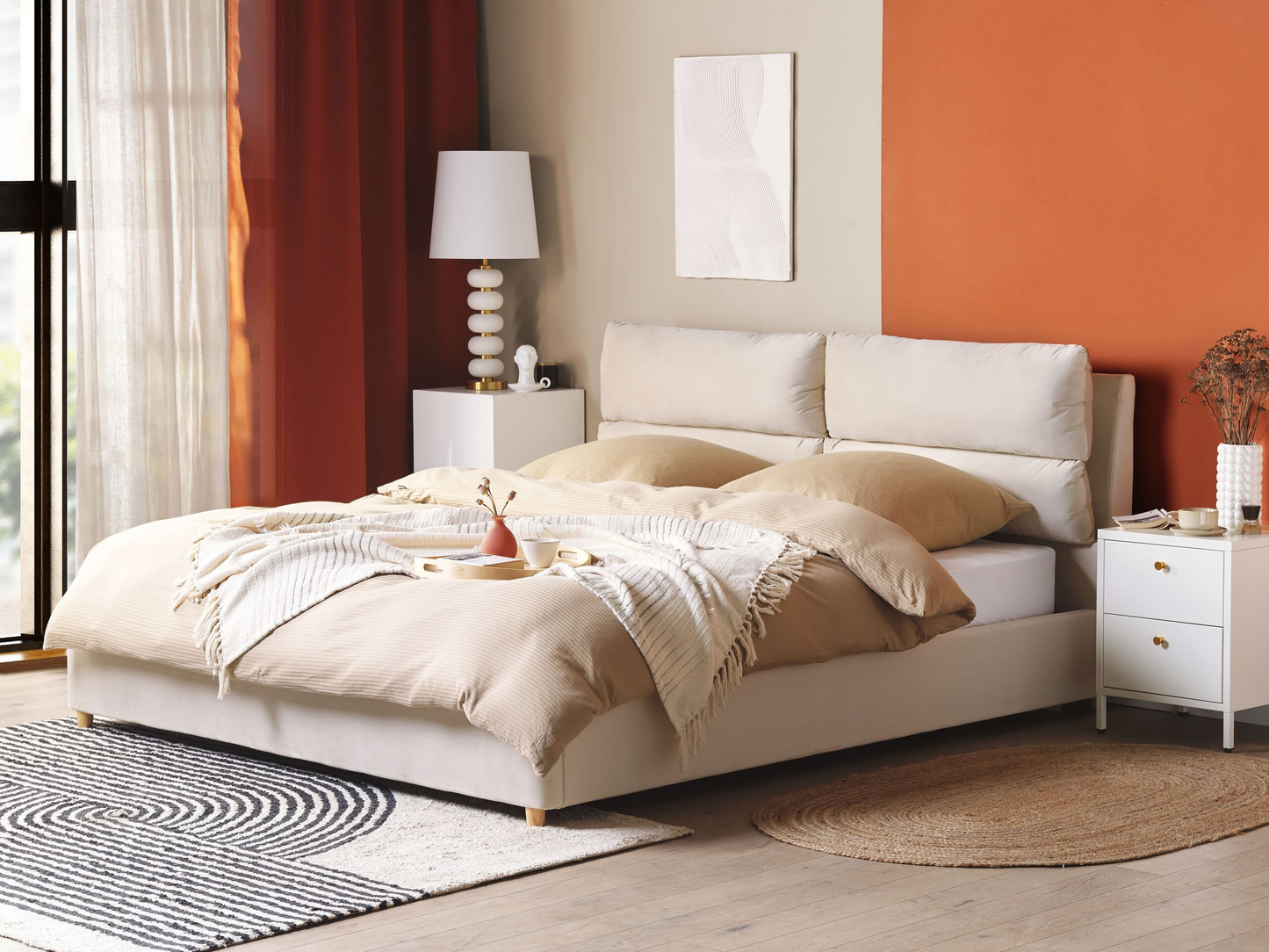 Lit Double Japandi en Tissu Beige 180x200 – Batilly