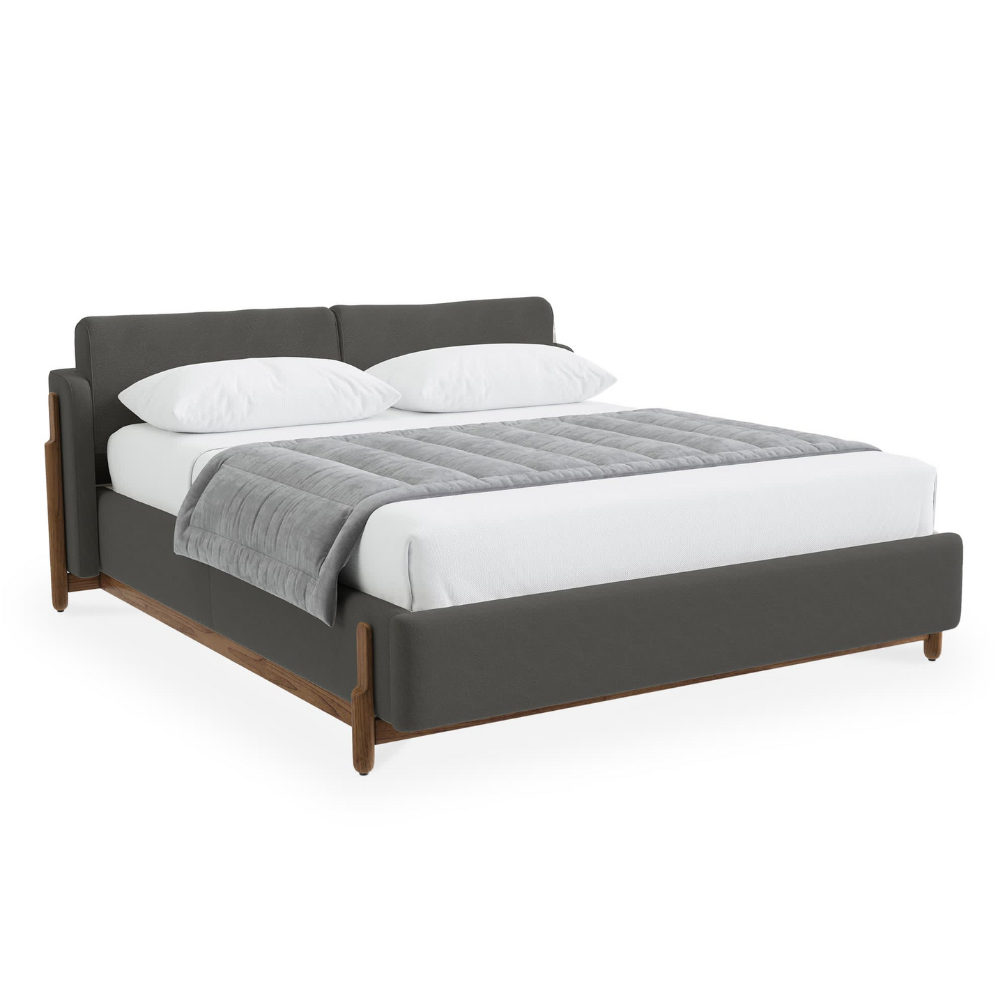 Lit Double Japandi en Tissu Gris Foncé Piètement Bois Foncé 160x200 cm – Thao