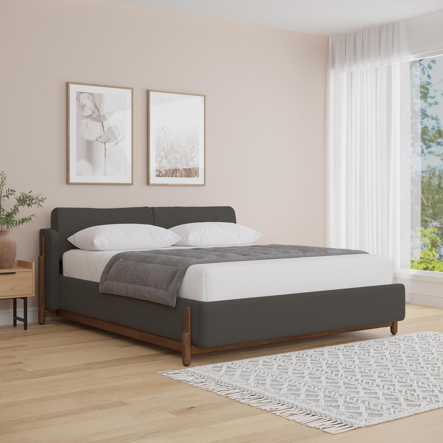 Lit Double Japandi en Tissu Gris Foncé Piètement Bois Foncé 160x200 cm – Thao