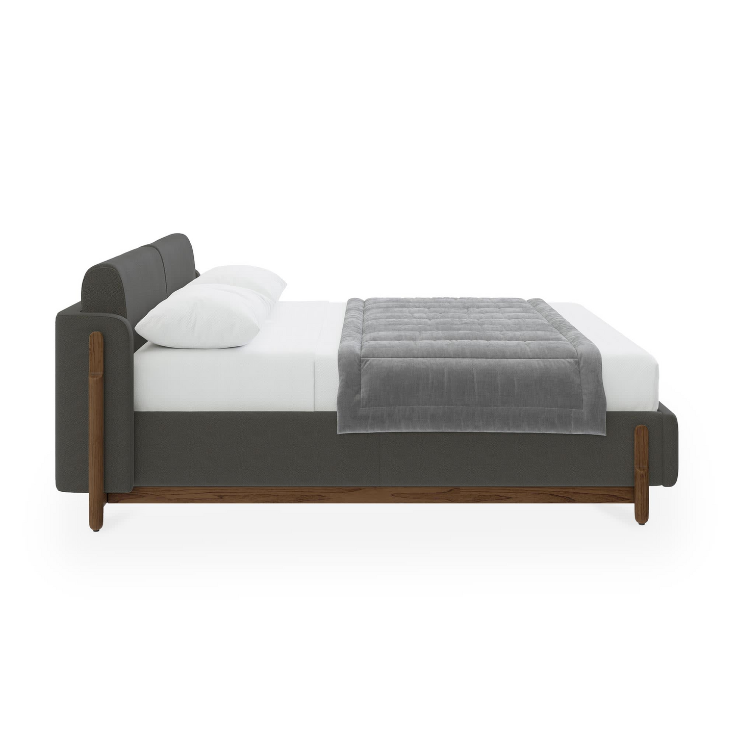 Lit Double Japandi en Tissu Gris Foncé Piètement Bois Foncé 160x200 cm – Thao