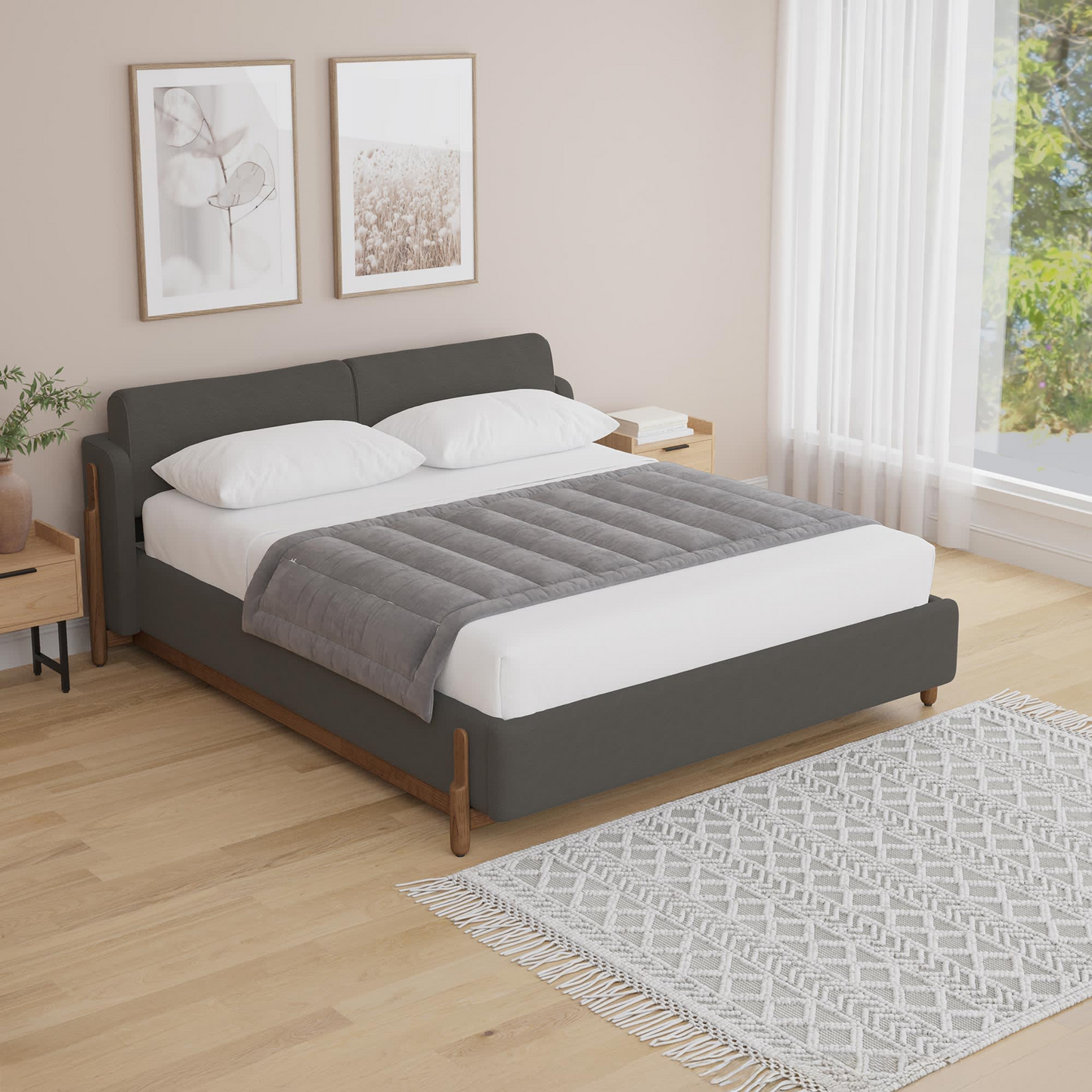 Lit Double Japandi en Tissu Gris Foncé Piètement Bois Foncé 160x200 cm – Thao