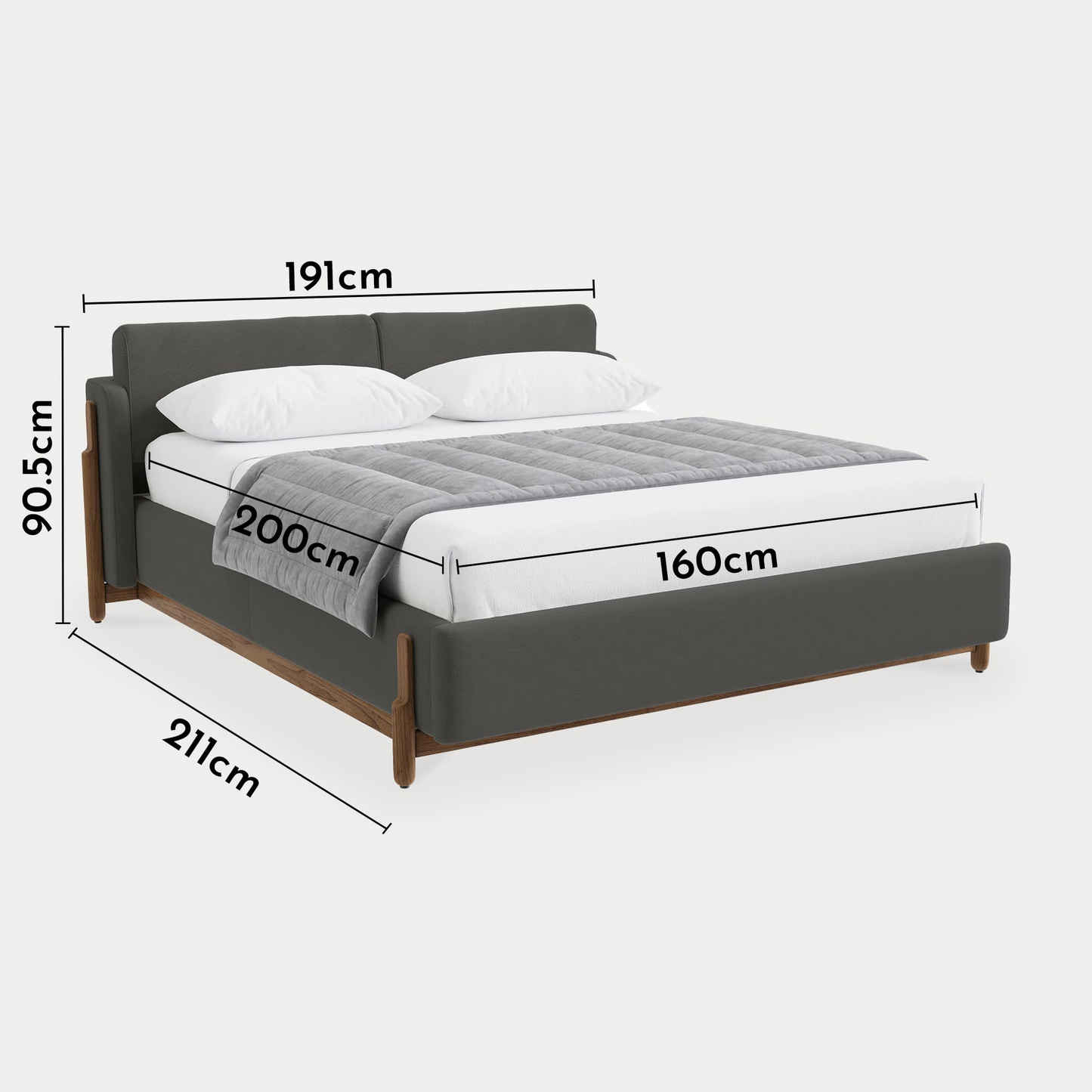 Lit Double Japandi en Tissu Gris Foncé Piètement Bois Foncé 160x200 cm – Thao
