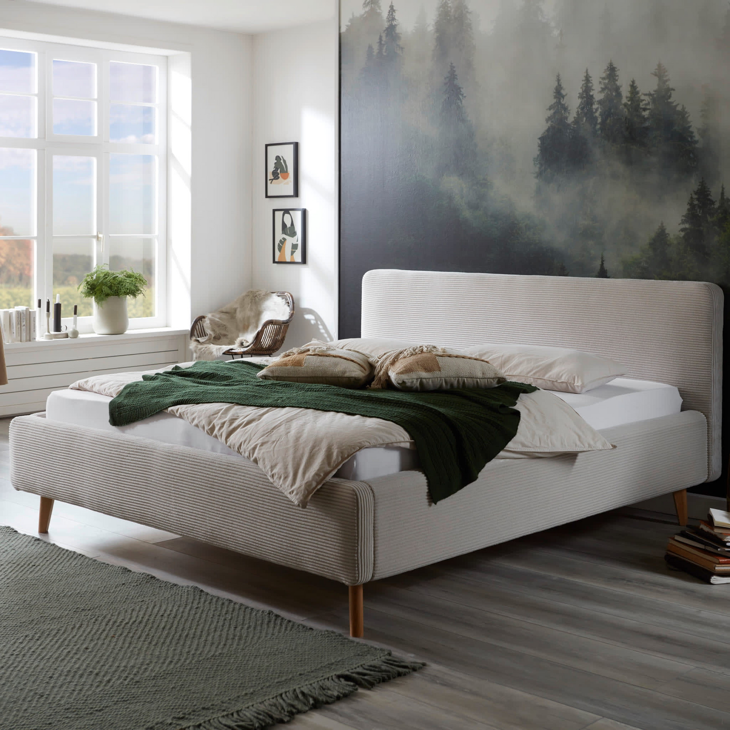 Lit Japandi rembourré en velours beige 160x200 – Nom du Produit