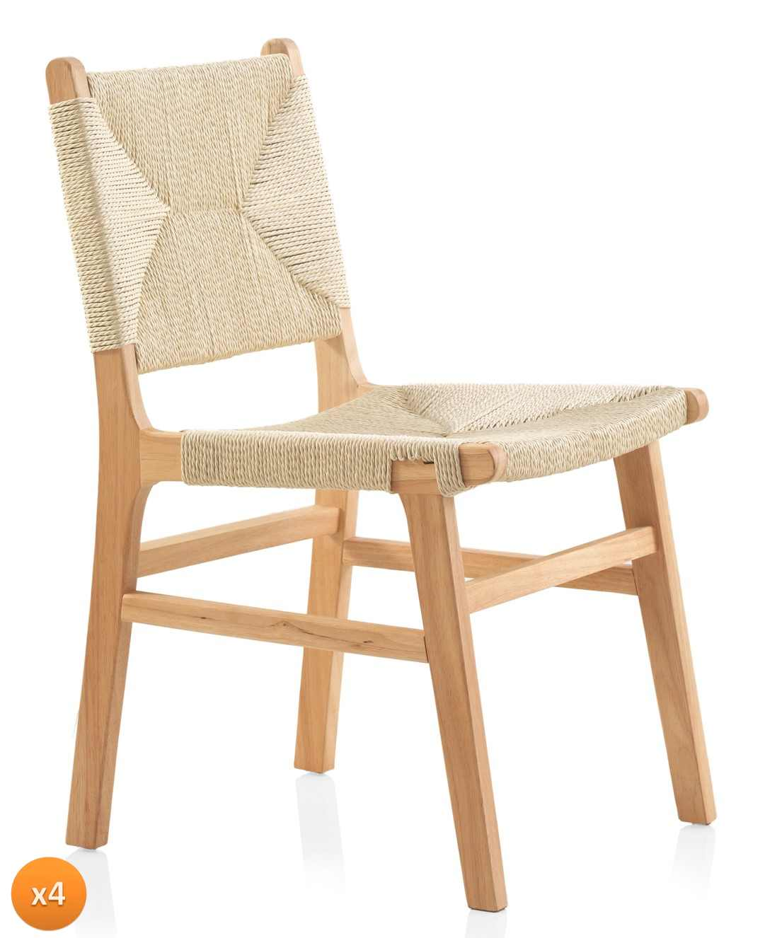 Lot de 4 chaises Japandi en bois d'hévéa avec assise et dossier tressés – Nom du Produit