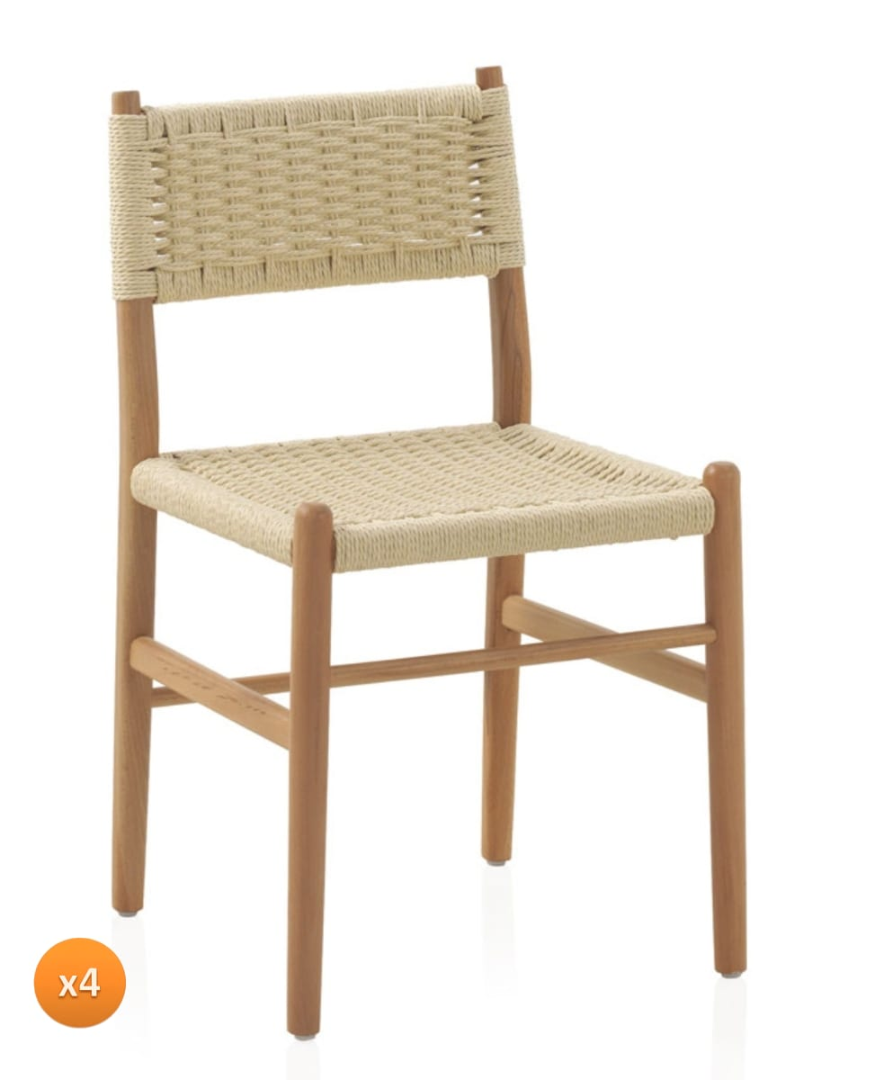 Lot de 4 Fauteuils en Hêtre Japandi avec Assise Tressée
