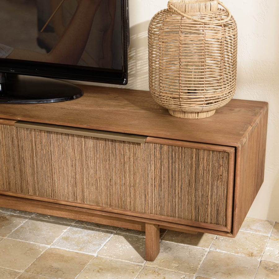 Meuble TV Japandi 2 tiroirs en bois teck recyclé et tissage naturel – Alida