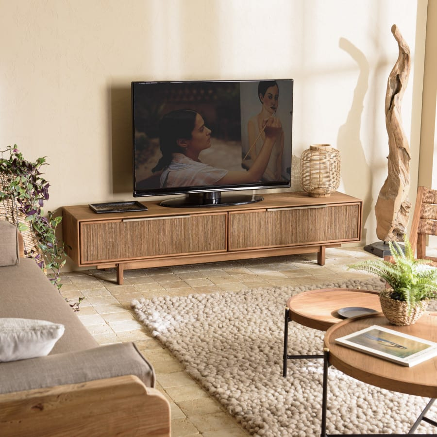 Meuble TV Japandi 2 tiroirs en bois teck recyclé et tissage naturel – Alida