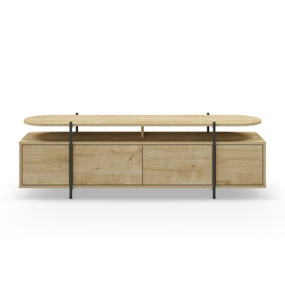 Meuble TV Japandi 4 portes pieds métalliques effet chêne L160 cm – Hinoa