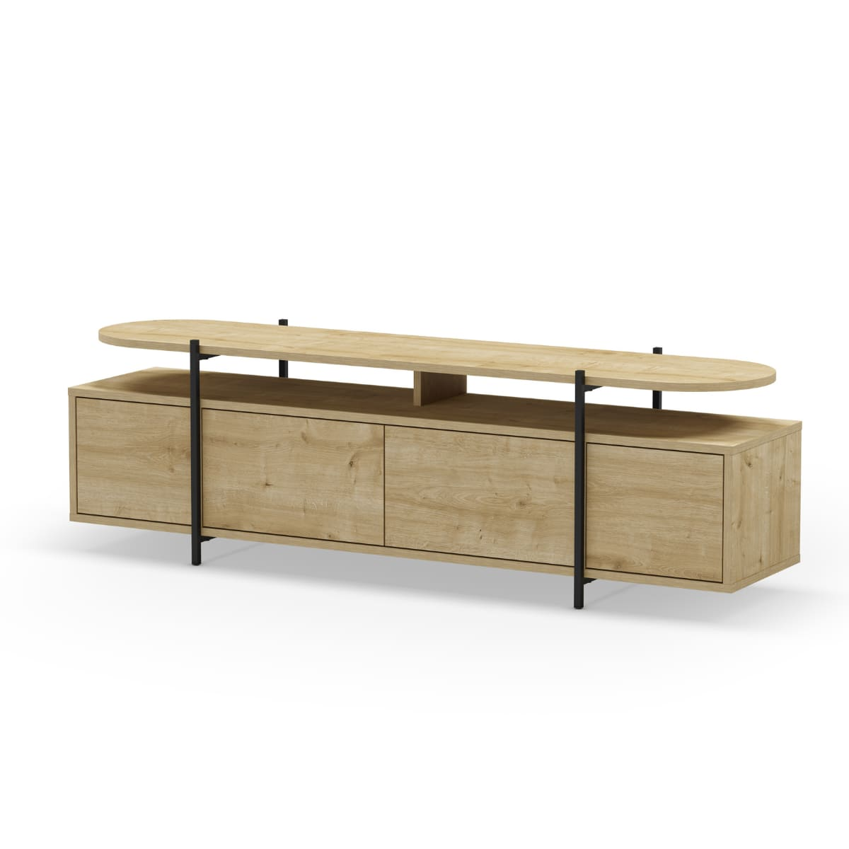 Meuble TV Japandi 4 portes pieds métalliques effet chêne L160 cm – Hinoa