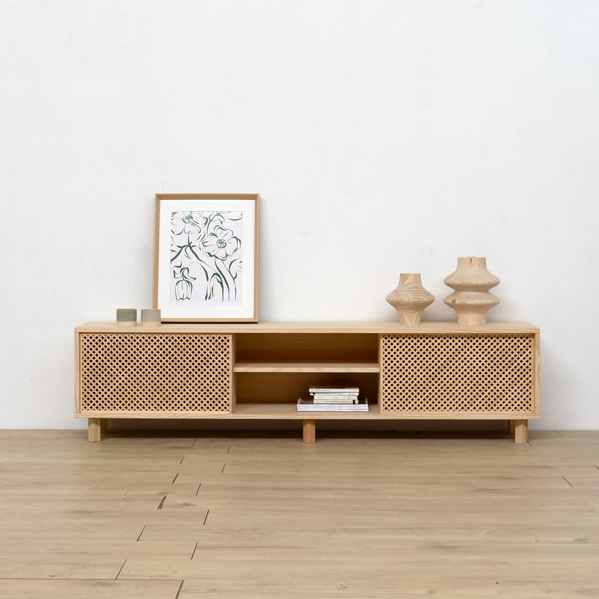 Meuble TV Japandi en bois massif naturel 180 cm non verni – Menorca