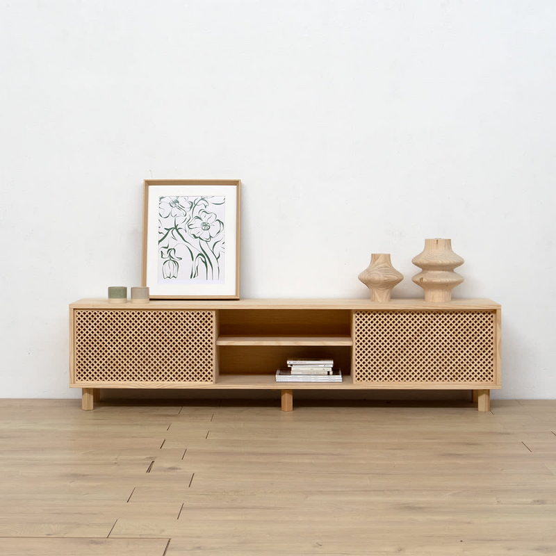 Meuble TV Japandi en bois massif naturel 180 cm non verni – Menorca