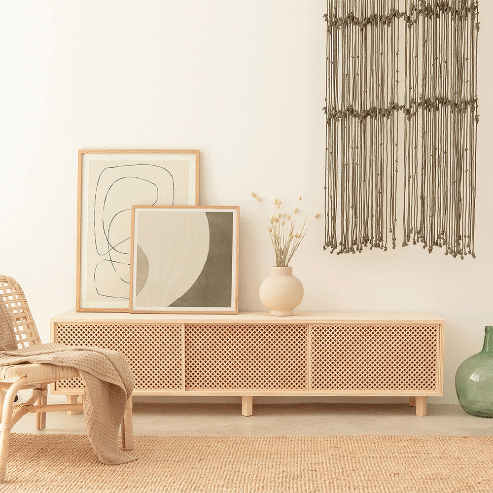 Meuble TV Japandi en bois massif naturel 180 cm non verni – Menorca