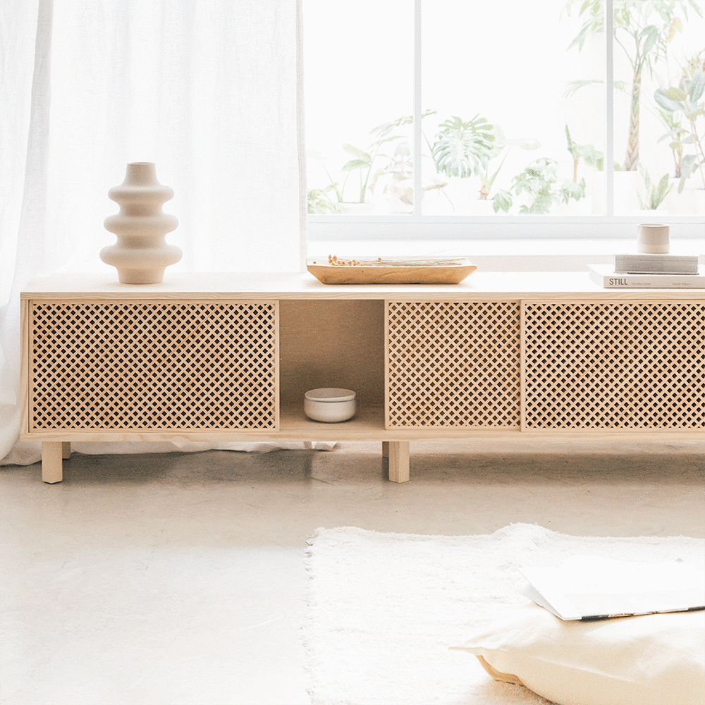 Meuble TV Japandi en bois massif naturel 180 cm non verni – Menorca