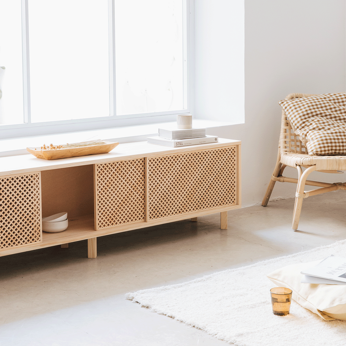 Meuble TV Japandi en bois massif naturel 180 cm non verni – Menorca