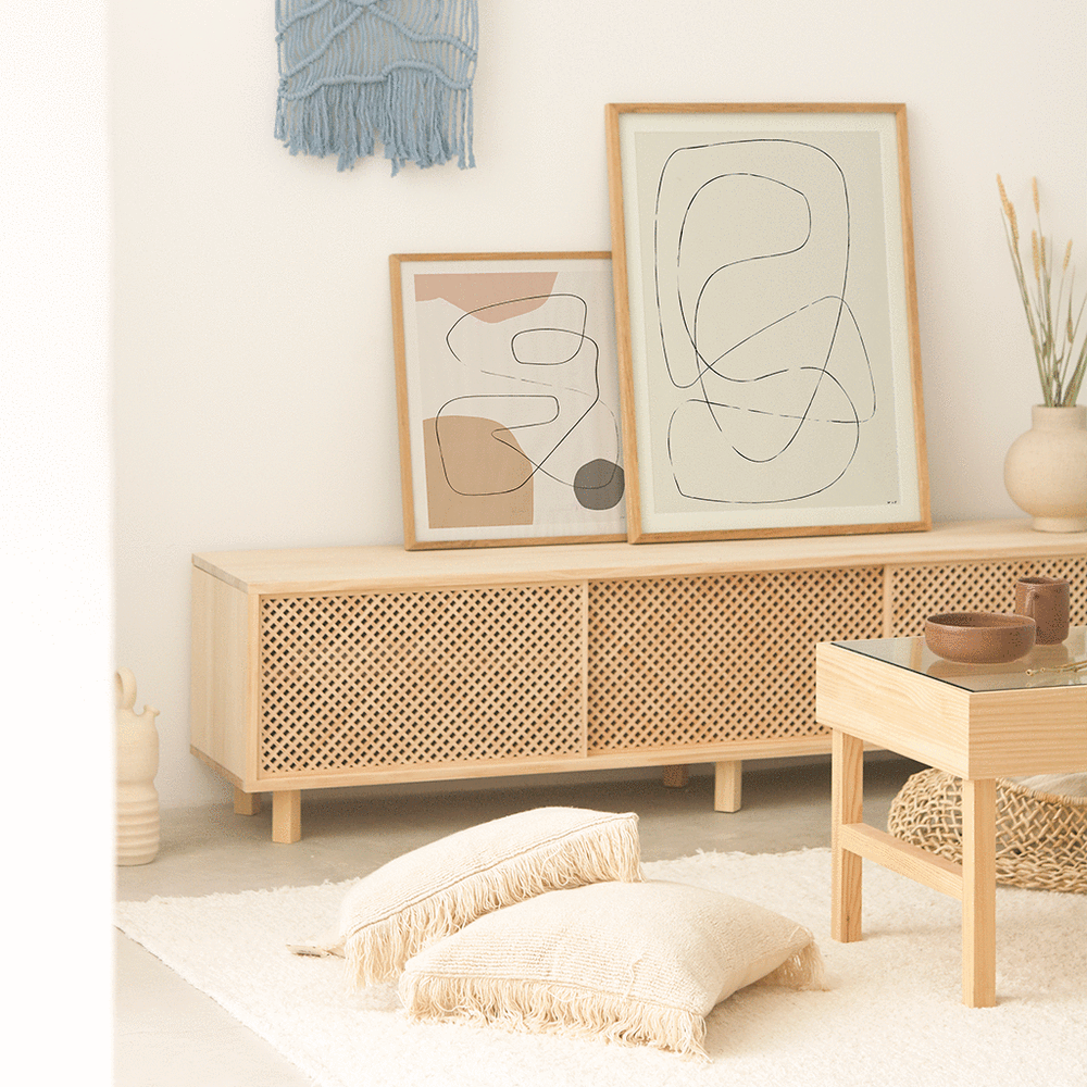 Meuble TV Japandi en bois massif naturel 180 cm non verni – Menorca