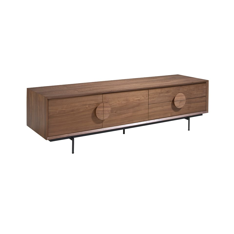 Meuble TV Japandi effet bois noyer et acier noir