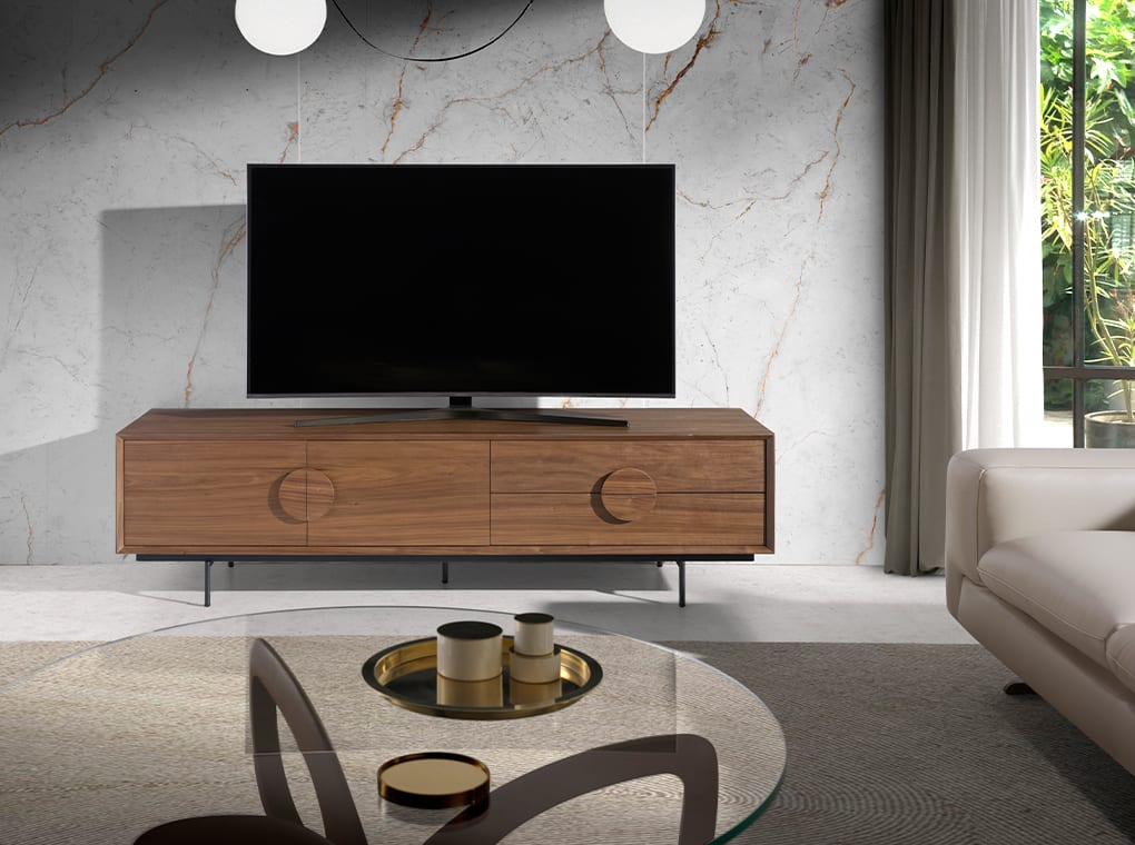 Meuble TV Japandi effet bois noyer et acier noir