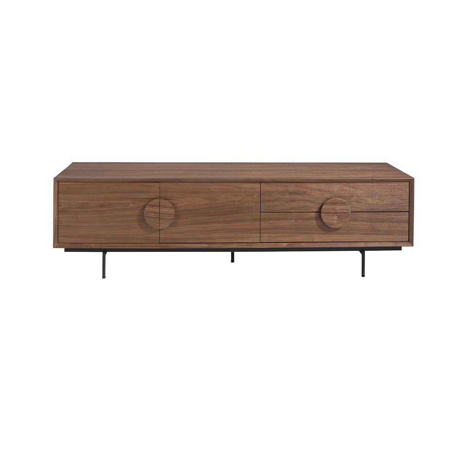 Meuble TV Japandi effet bois noyer et acier noir