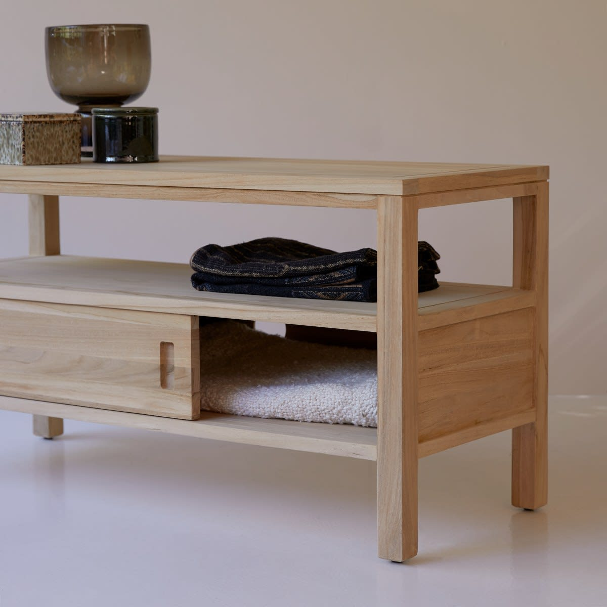 Meuble TV Japandi en teck massif 100 cm – Anton