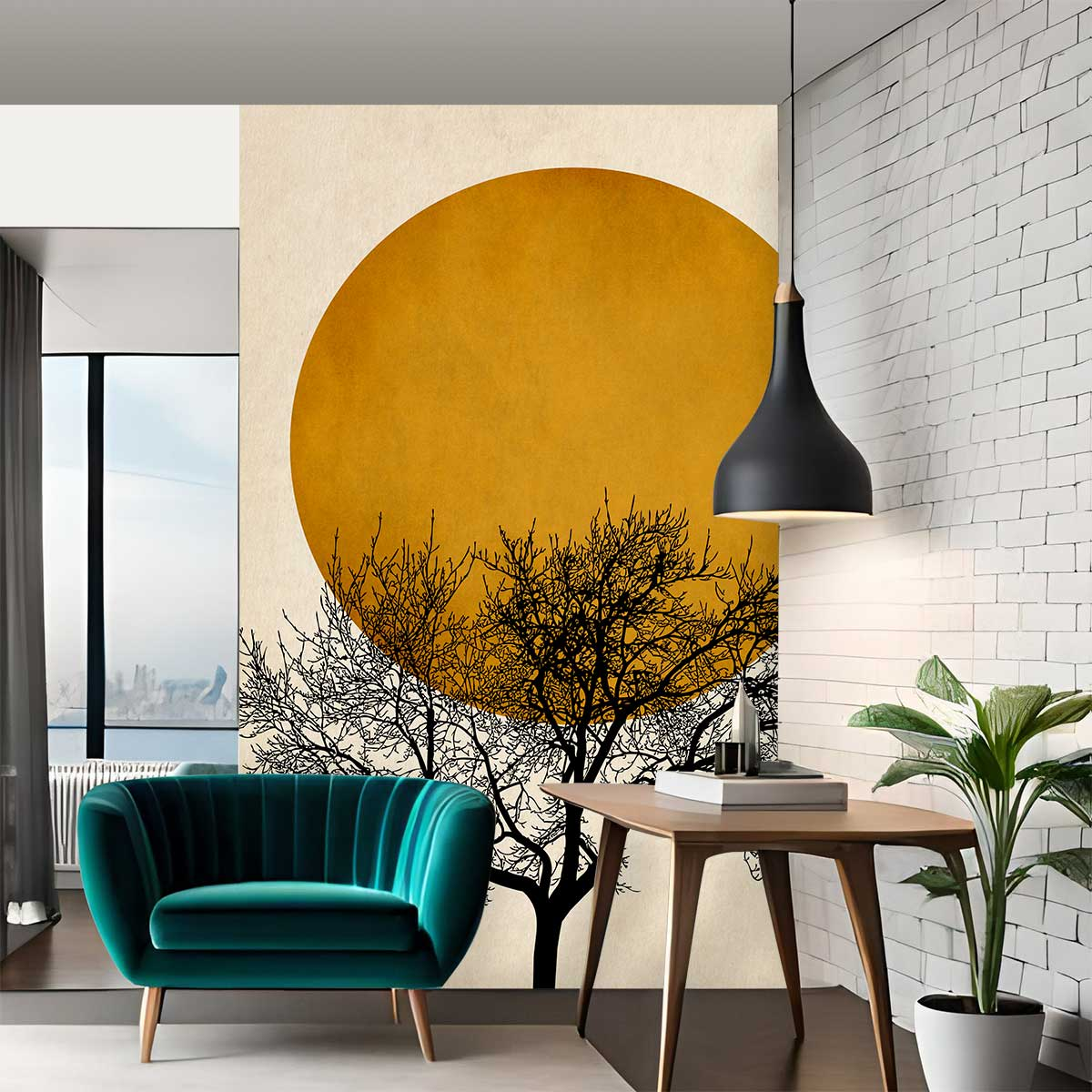 Papier Peint Japandi motif soleil d'or 208x270cm – Nom du Produit