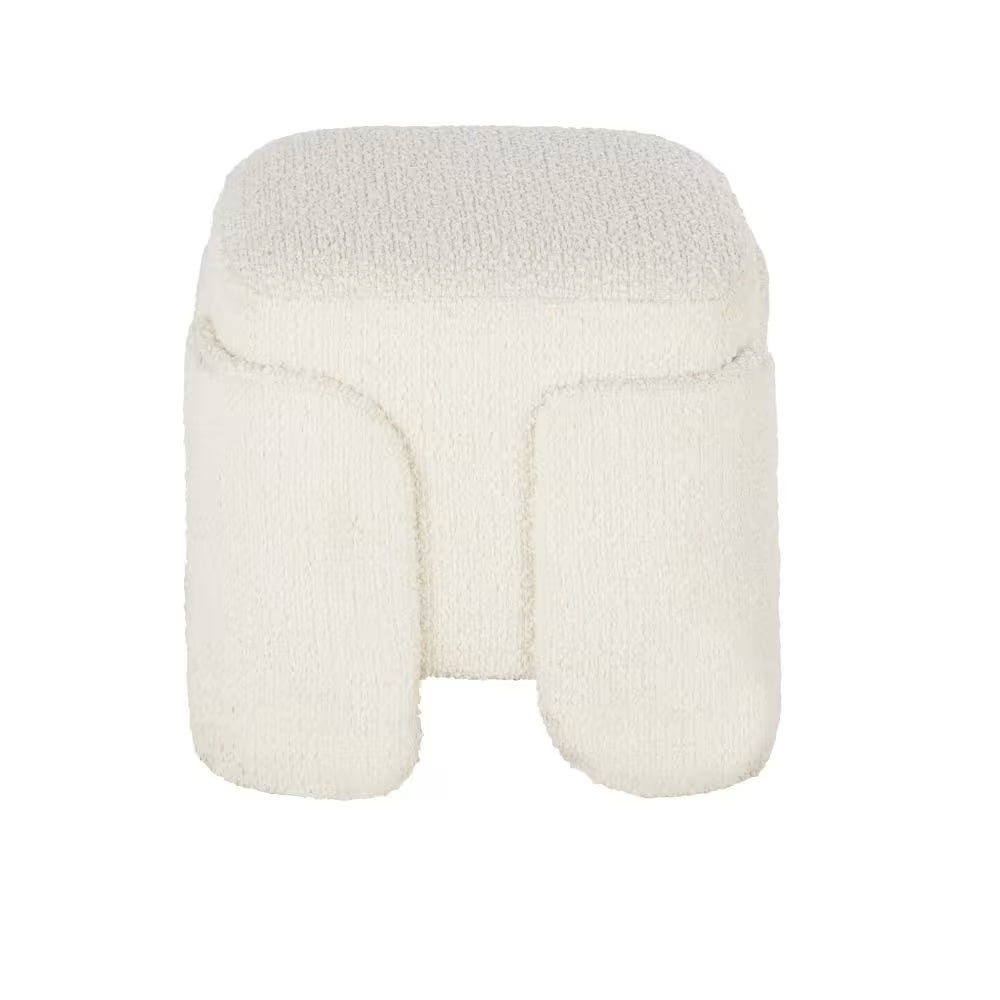 Pouf Japandi en bois de peuplier et tissu écru effet laine bouclée