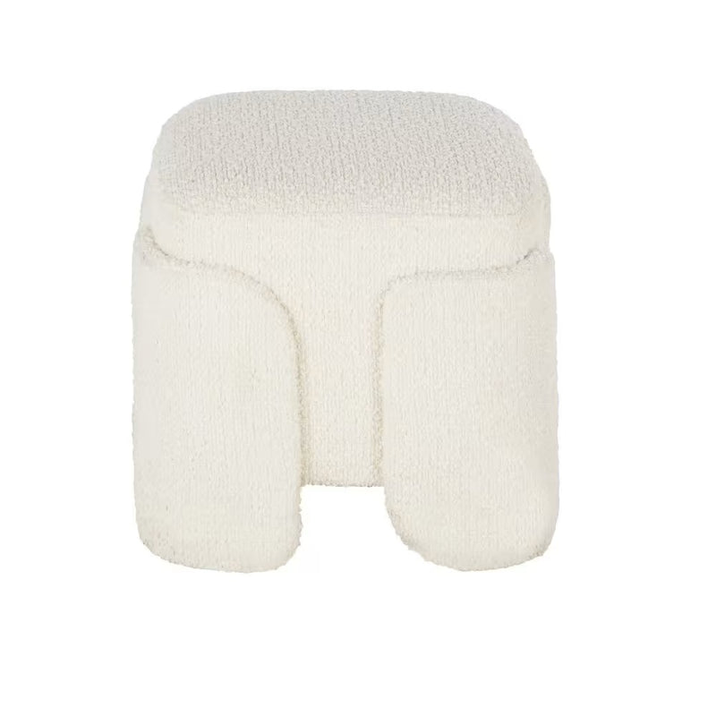 Pouf Japandi en bois de peuplier et tissu écru effet laine bouclée
