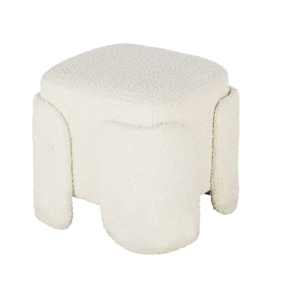 Pouf Japandi en bois de peuplier et tissu écru effet laine bouclée