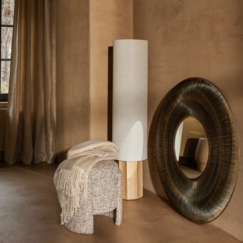 Pouf Japandi rond en bouclette écrue et marron – Azir