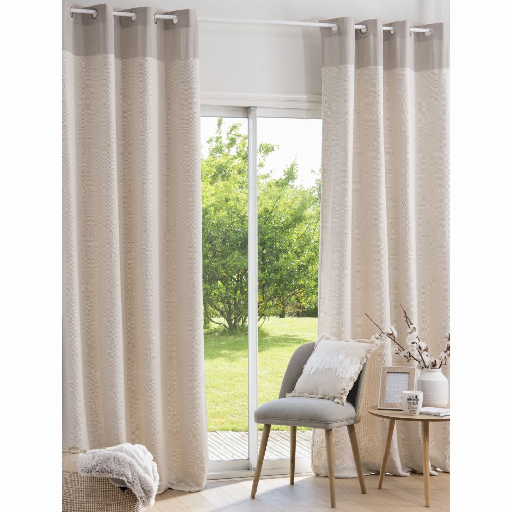 Rideau à Œillets Japandi en Coton Recyclé Jacquard Écru et Taupe 140x250 – IDEAL