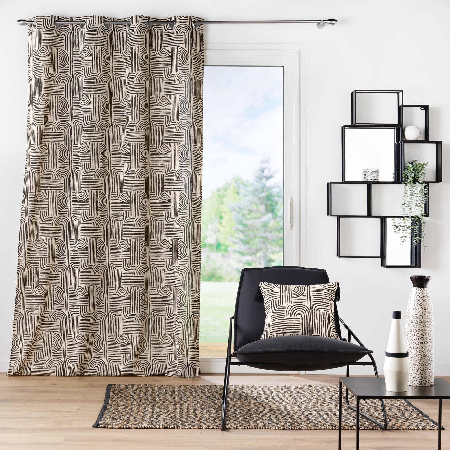 Rideau à œillets Japandi polycoton imprimé écru et noir 140 x 240 cm – Estero Douceur d'Intérieur
