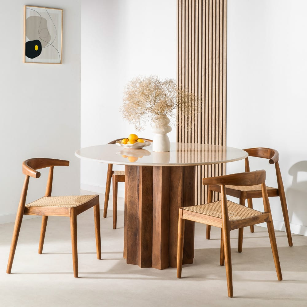 Table à Manger Japandi ronde 4 personnes marbre et bois massif – Sorong