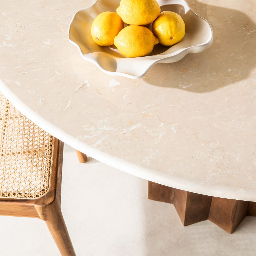 Table à Manger Japandi ronde 4 personnes marbre et bois massif – Sorong