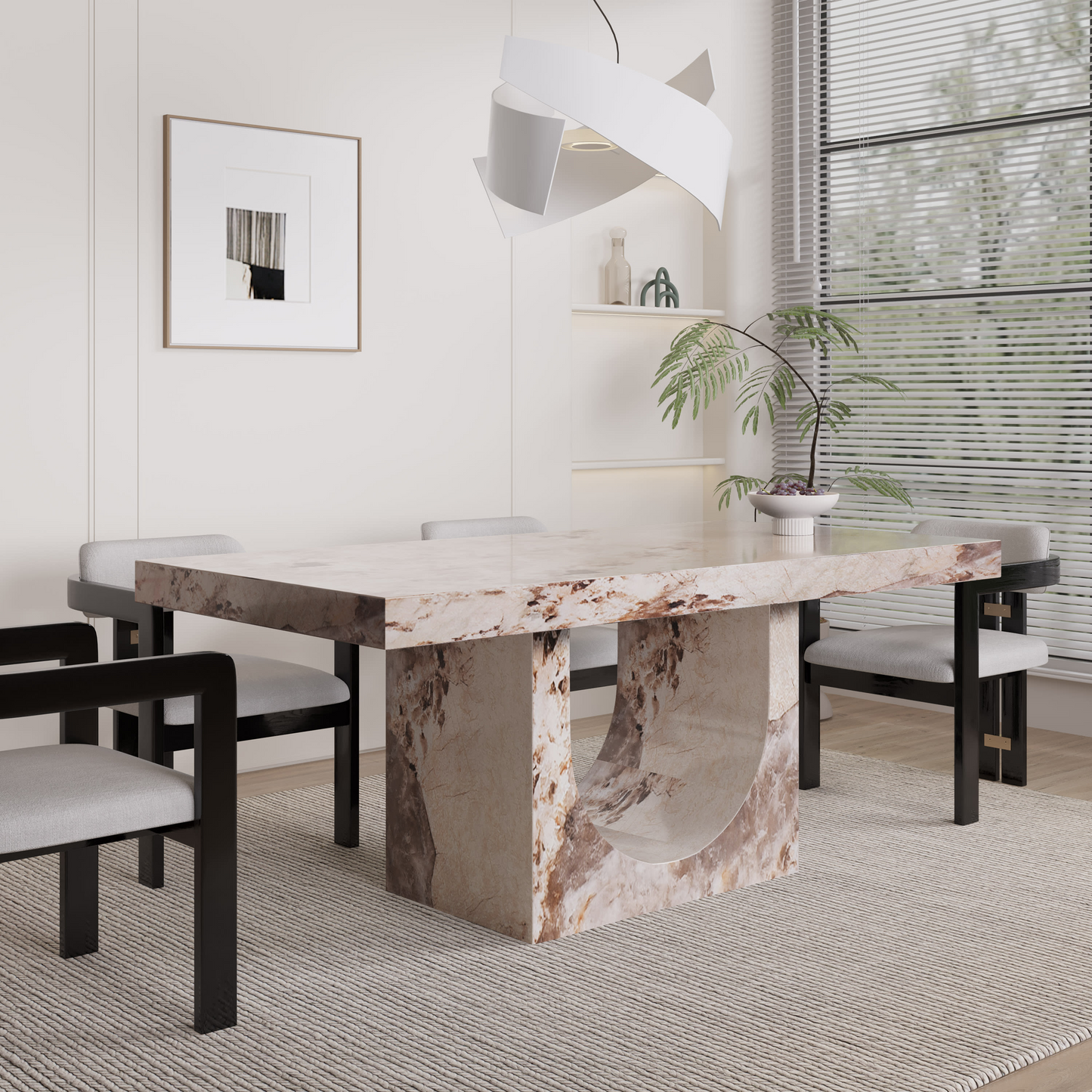 Table à Manger Japandi effet marbre beige marron 8 personnes - Dona