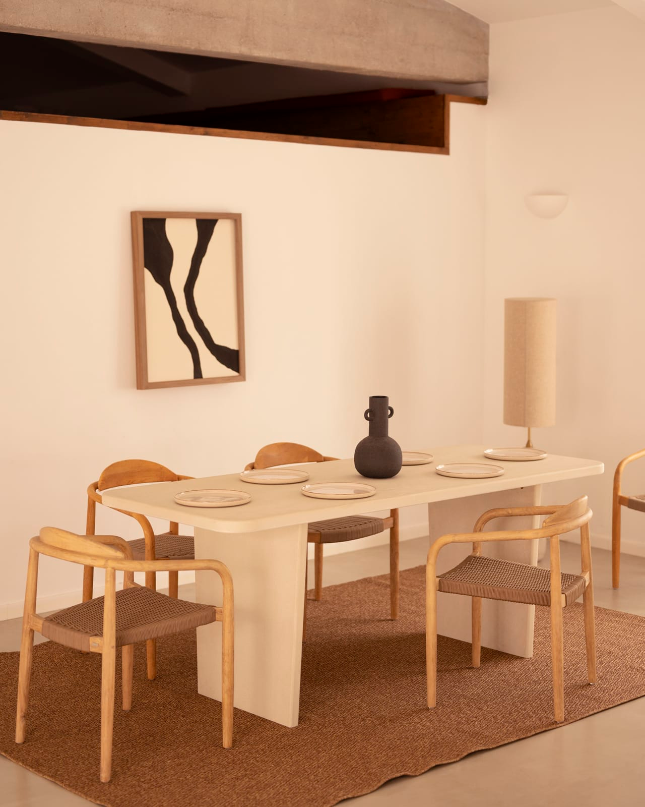 Table de Salle à Manger Japandi en Microciment Blanc Cassé 180x75cm – Bimba